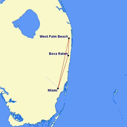 Gold Coast AIrways route map based on the August 18, 1968 timetable. 