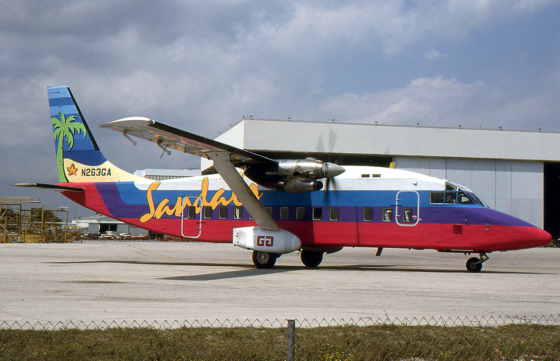 Shorts Brothers SD-330 N828BE was painted in a colorful livery advertising Sandals Resorts.