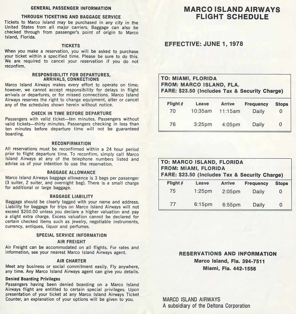 Marco Island Airways timetable