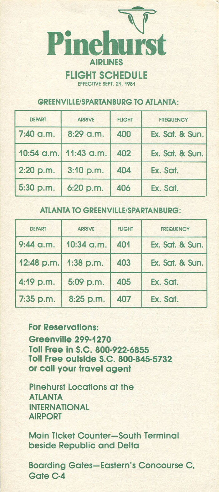 Pinehurst Airlines timetable