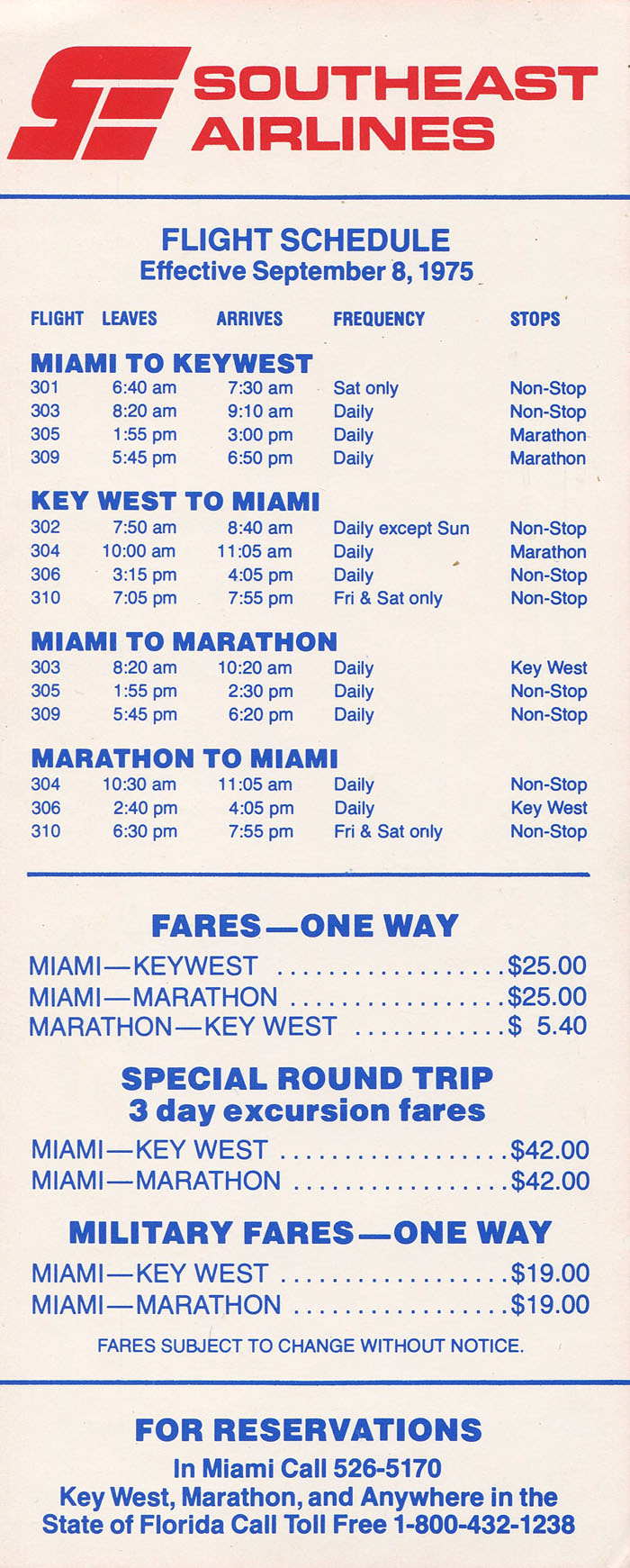 Southeast Airlines timetable