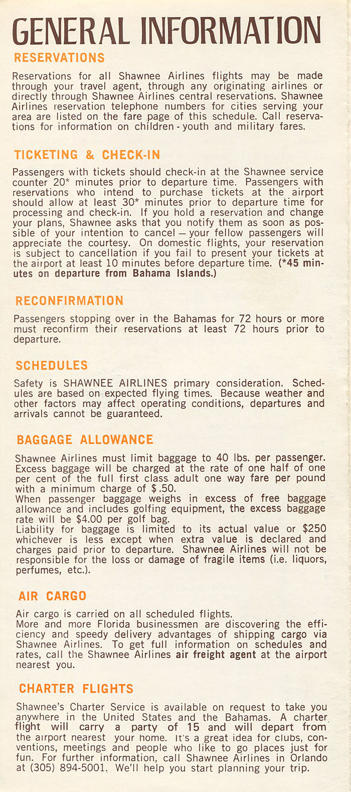 Shawnee Airlines timetable 1973