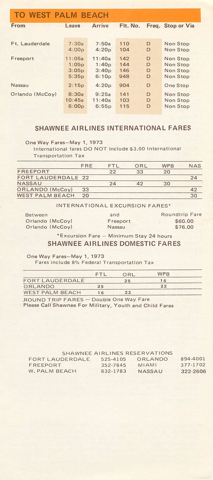 Shawnee Airlines timetable 1973