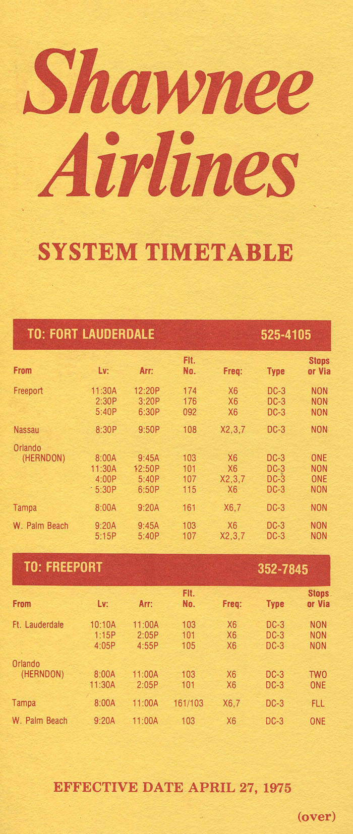 Shawnee Airlines timetable 1975