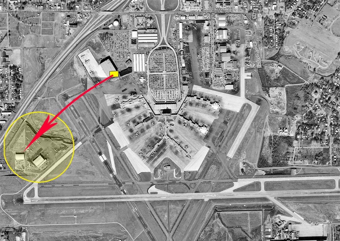 An aerial diagram showing the original location of the Temporary Terminal as a yellow rectangle and its new home at the Hangar One facility. 